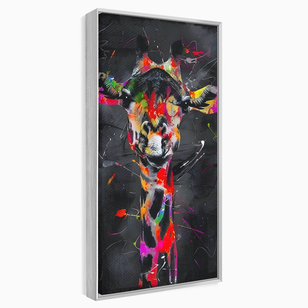 Tablou canvas cu tablou canvas cu girafa multicolor, in rama de aluminiu argintiu